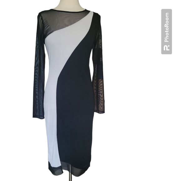 BCBGMAXAZARIA Black&White Mesh Sleeve Dress - M - Picture 2 of 10
